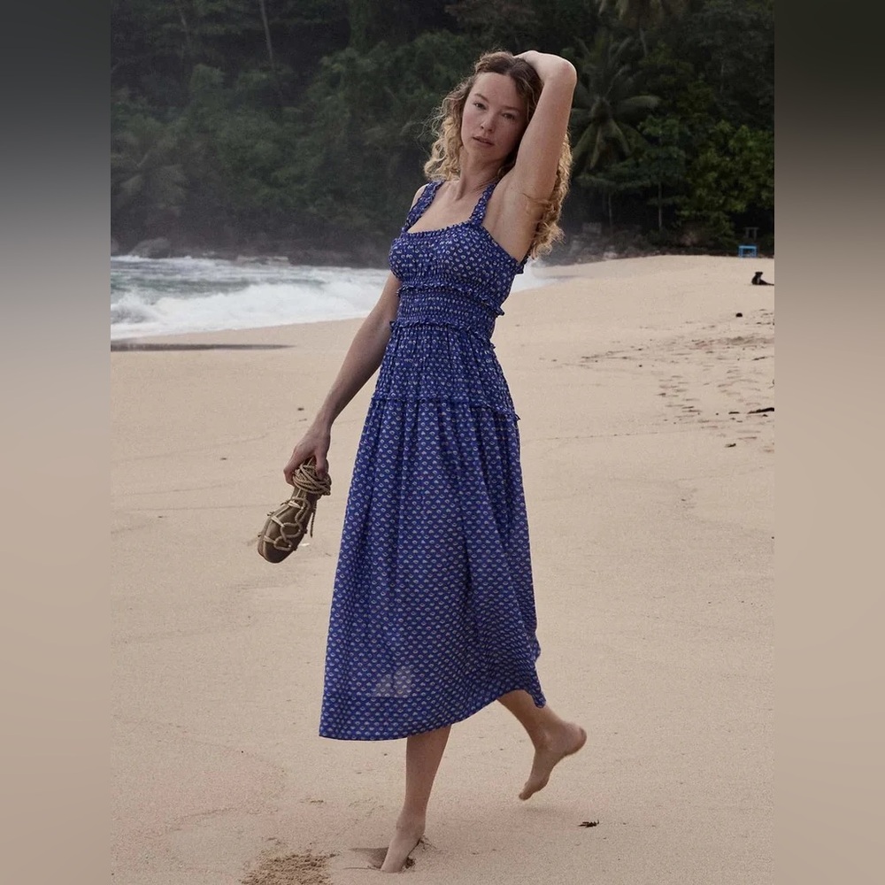 DÔEN Marianne Dress Bord de Mer Blue Shell Print Midi Organic Cotton